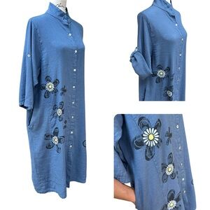 Made in Italy Blue Floral Button-Up Linen Dress Pockets